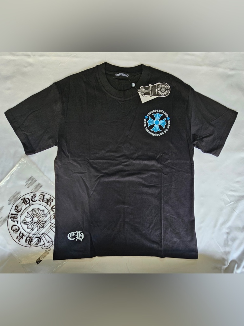 Chrome Hearts Black Tee with Blue Floral Crest